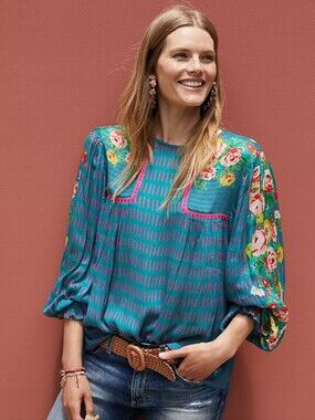 Anthropologie Bl^Nk London Miranda Peasant Blouse in Eclectic Blue